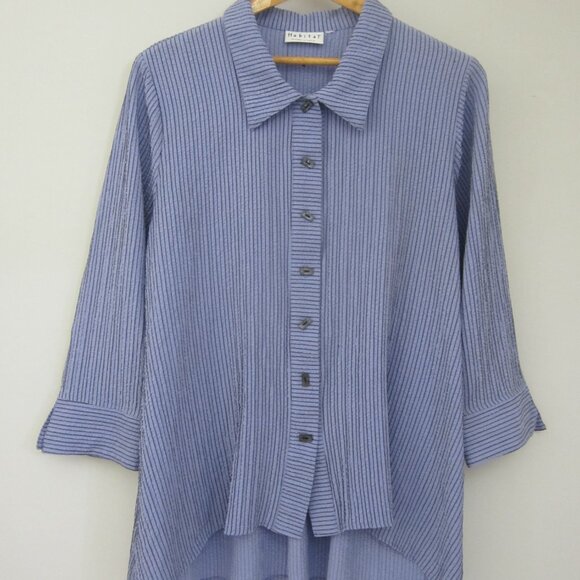 Habitat Womens M Periwinkle Blue Stripe 3/4 Sleeve Tunic Shirt Relaxed Rayon - Picture 8 of 13
